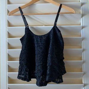 Black Lace Floral Ruffle Layer Crop Tank Top